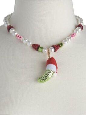 BETSEY JOHNSON Christmas German Pickle in Santa Hat Pendant Pearl Necklace NWT
